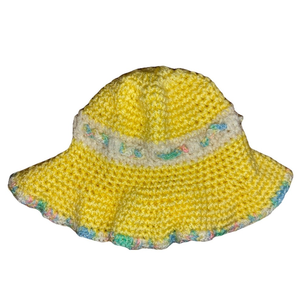 Bucket Hat Children Girls Yellow Pastel Bow Handmade Crochet Hat NEW